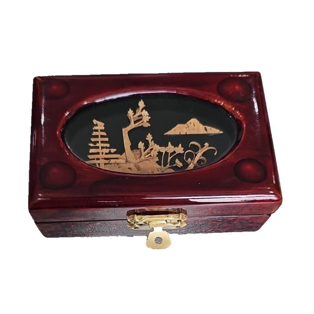 Vintage Lacquered Asian Landscape Trinket Jewelry Box